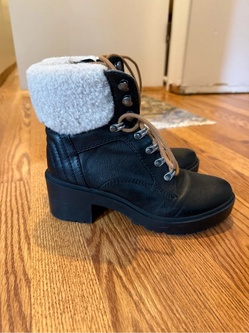 Black Faux-Shearling Lace-Up Winter Boots